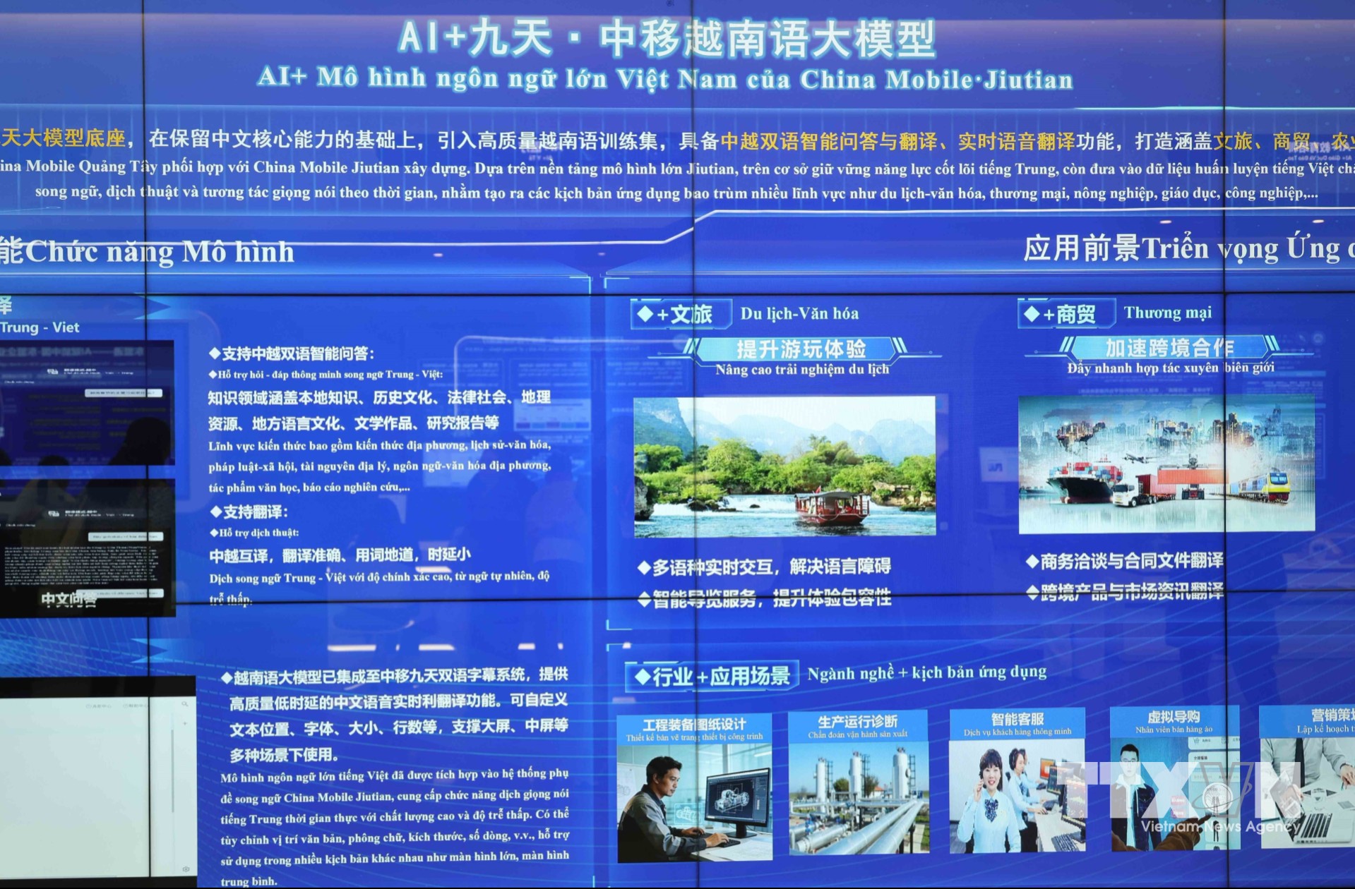 AI+ Mô hình ngôn ngữ lớn Việt Nam của China Mobile.Jiutian tại Trung tâm Hợp tác Ứng dụng AI Trung Quốc - ASEAN ở Quảng Tây. (Ảnh: Công Tuyên/TTXVN)
